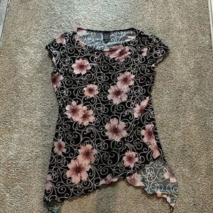 Suzie In The City Black Top with Pink Floral Print and Asymmetric Hem
